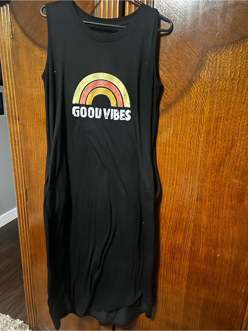 SHEIN Black Maxi Dress with Retro Yellow-Orange Rainbow sz Large w/pockets